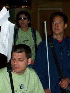 Kevin in blue on right, Chris sitting in a green WayFun shirt on left and Aerial in a WayFun shirt in back