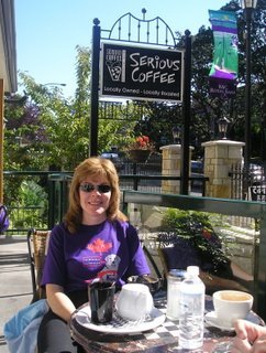 Ginger enjoying a cup of coffee at the Serious Cafe