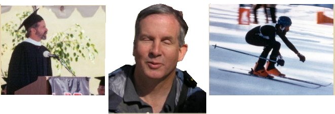 collage of Mike May pictures, left to right, Mike speed skiing, Mike close up, Mike giving a graduation presentation