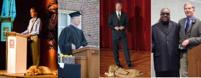 collage of Mike May speaking engagements, left to right.  Mike presenting at TeleAtlas mapping conferences, giving a college commencement speech, Mike presenting at the Air Force Adamedy NCLS conference, Mike and Stevie Wonder presenting access awards at the International CES