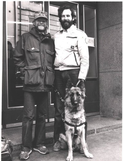 Mike, his ski guide Ron and dog Rickie at the Olympics